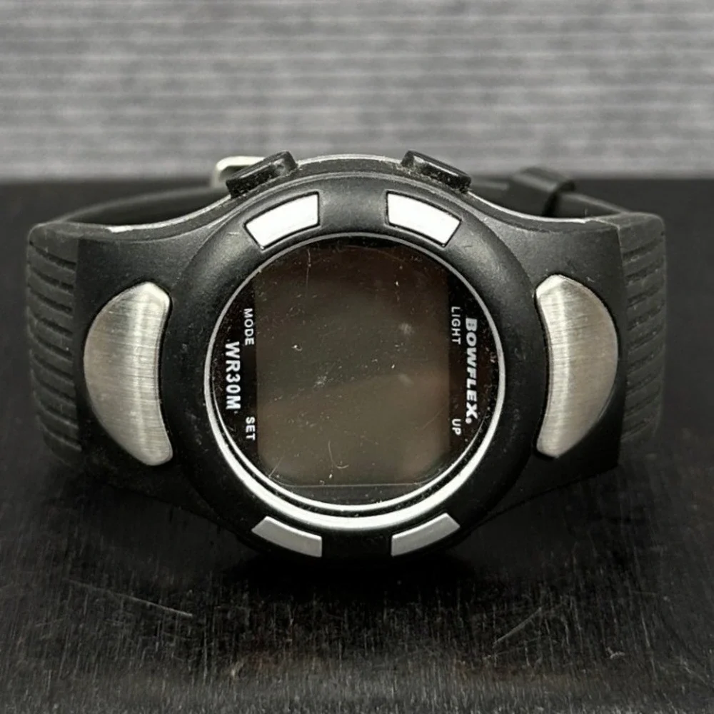 Bowflex Digital Fitness WatchY2k Black Silver Rubber Strap WR30M Stainless Back